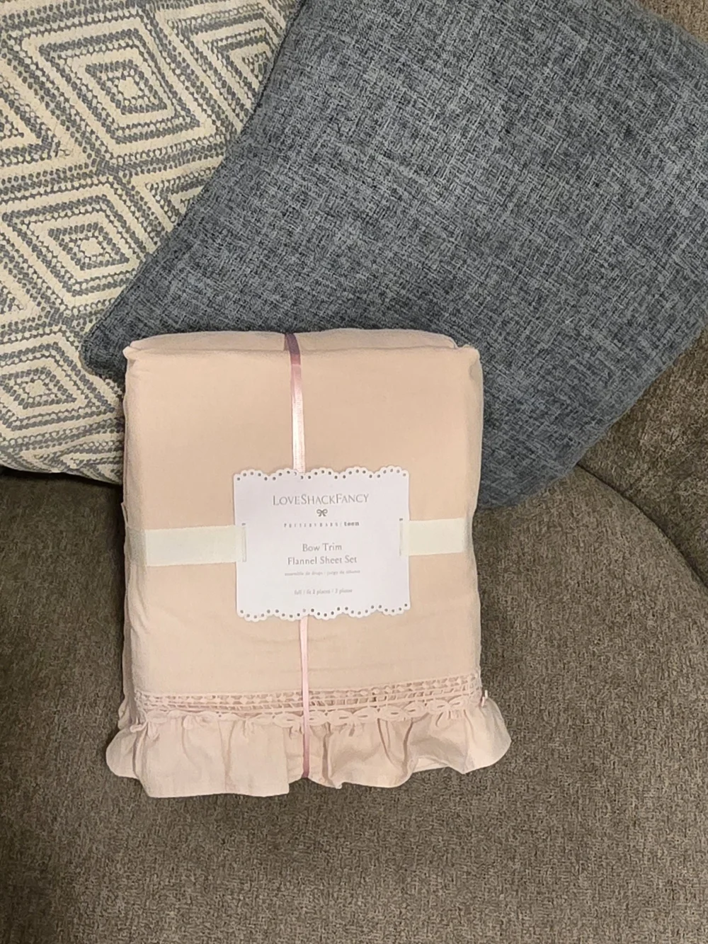 PotteryBarn Teen LoveShackFancy Blush Pink Ruffle Bow-Trim Flannel Sheet Set